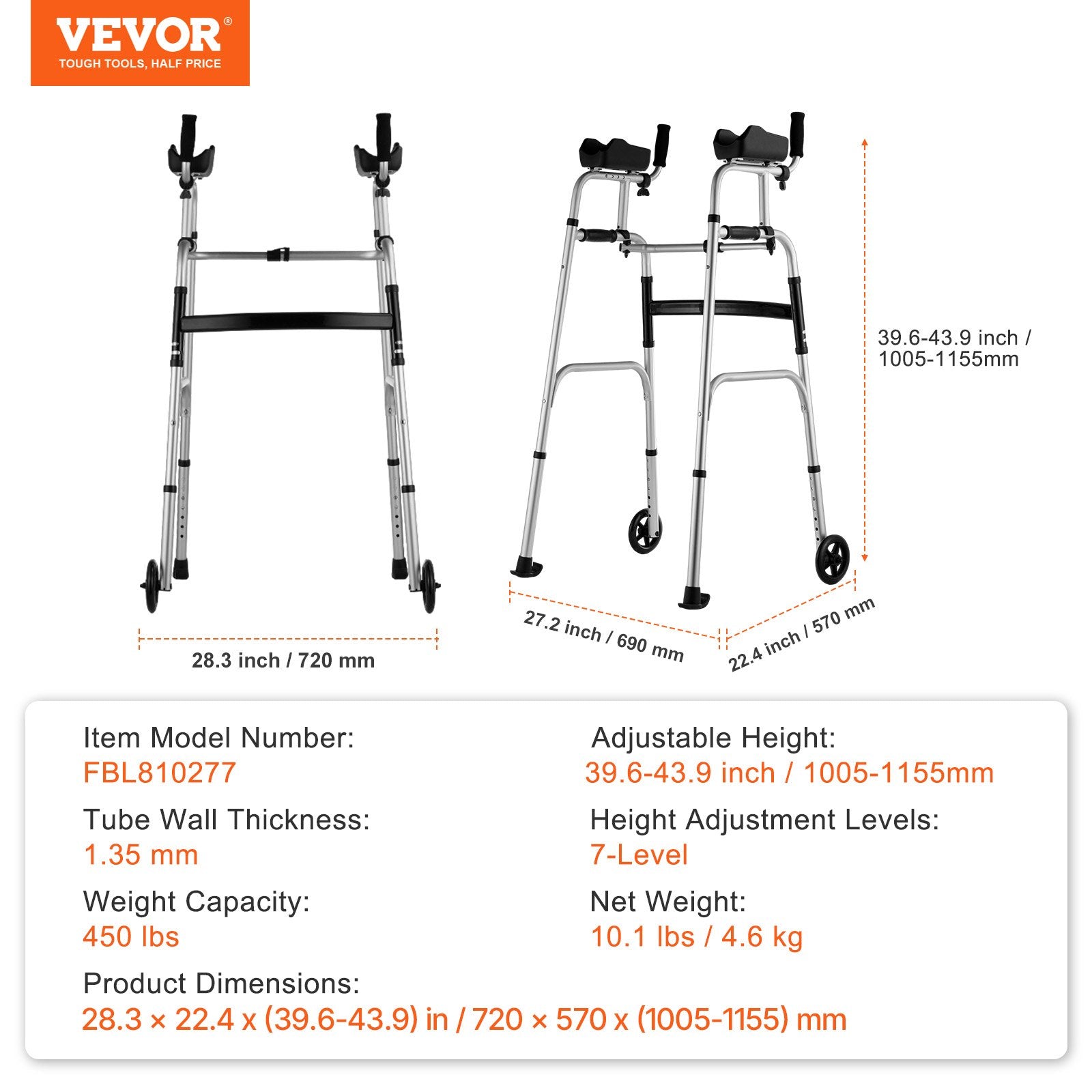 2 in 1 Folding Walker & Removable Armrests, Height Adjustable Foldable Walker with 5" Solid Wheels, V952-ZLZXCL200000G7LL4V0