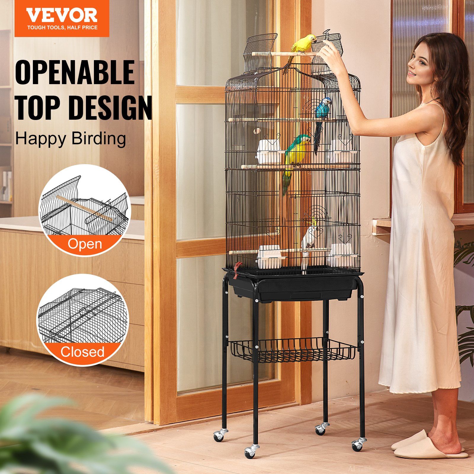 Large Bird Cage, 62 in, Open Top Parakeet Cage with Rolling Stand, Steel Bird Flight Cage with Removable V952-ZMSDXNLL18W1DWI2NV0