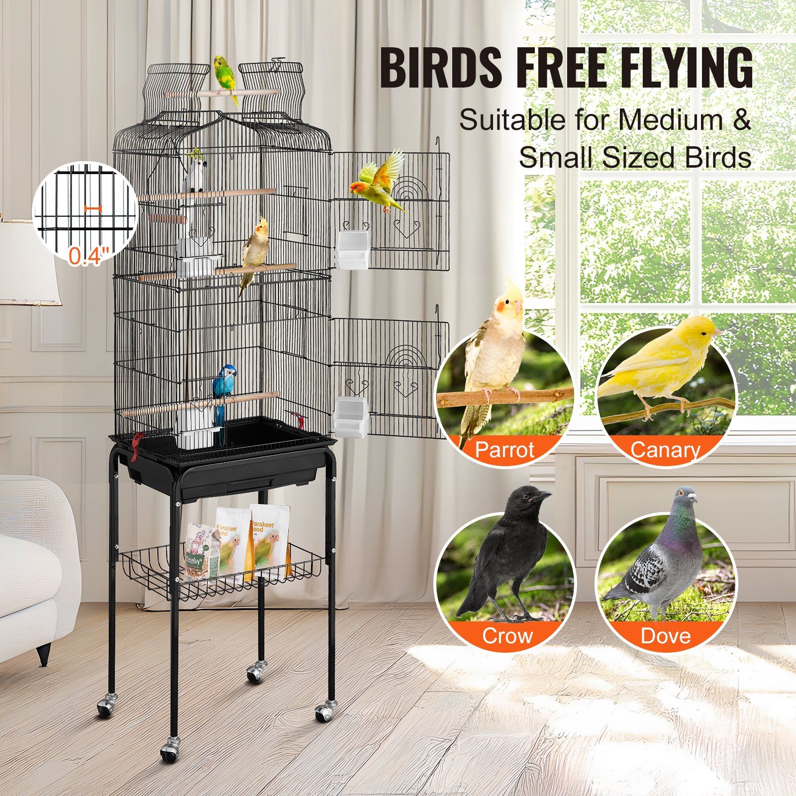 Large Bird Cage, 62 in, Open Top Parakeet Cage with Rolling Stand, Steel Bird Flight Cage with Removable V952-ZMSDXNLL18W1DWI2NV0