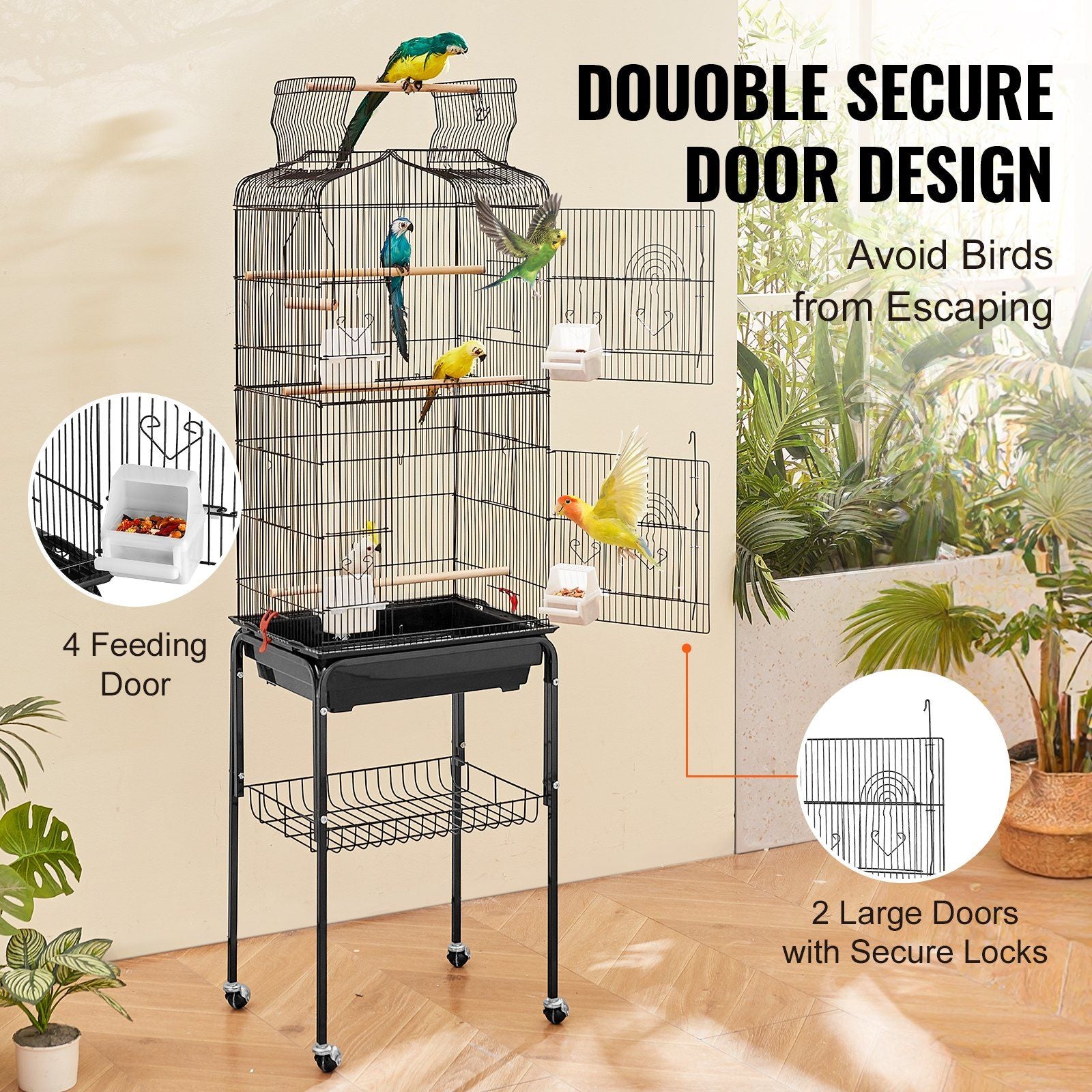 Large Bird Cage, 62 in, Open Top Parakeet Cage with Rolling Stand, Steel Bird Flight Cage with Removable V952-ZMSDXNLL18W1DWI2NV0