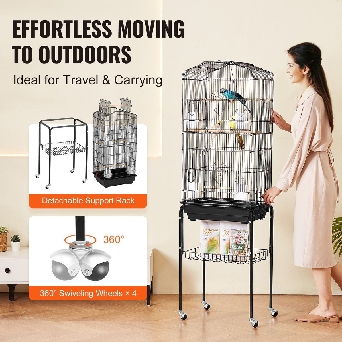 Large Bird Cage, 62 in, Open Top Parakeet Cage with Rolling Stand, Steel Bird Flight Cage with Removable V952-ZMSDXNLL18W1DWI2NV0