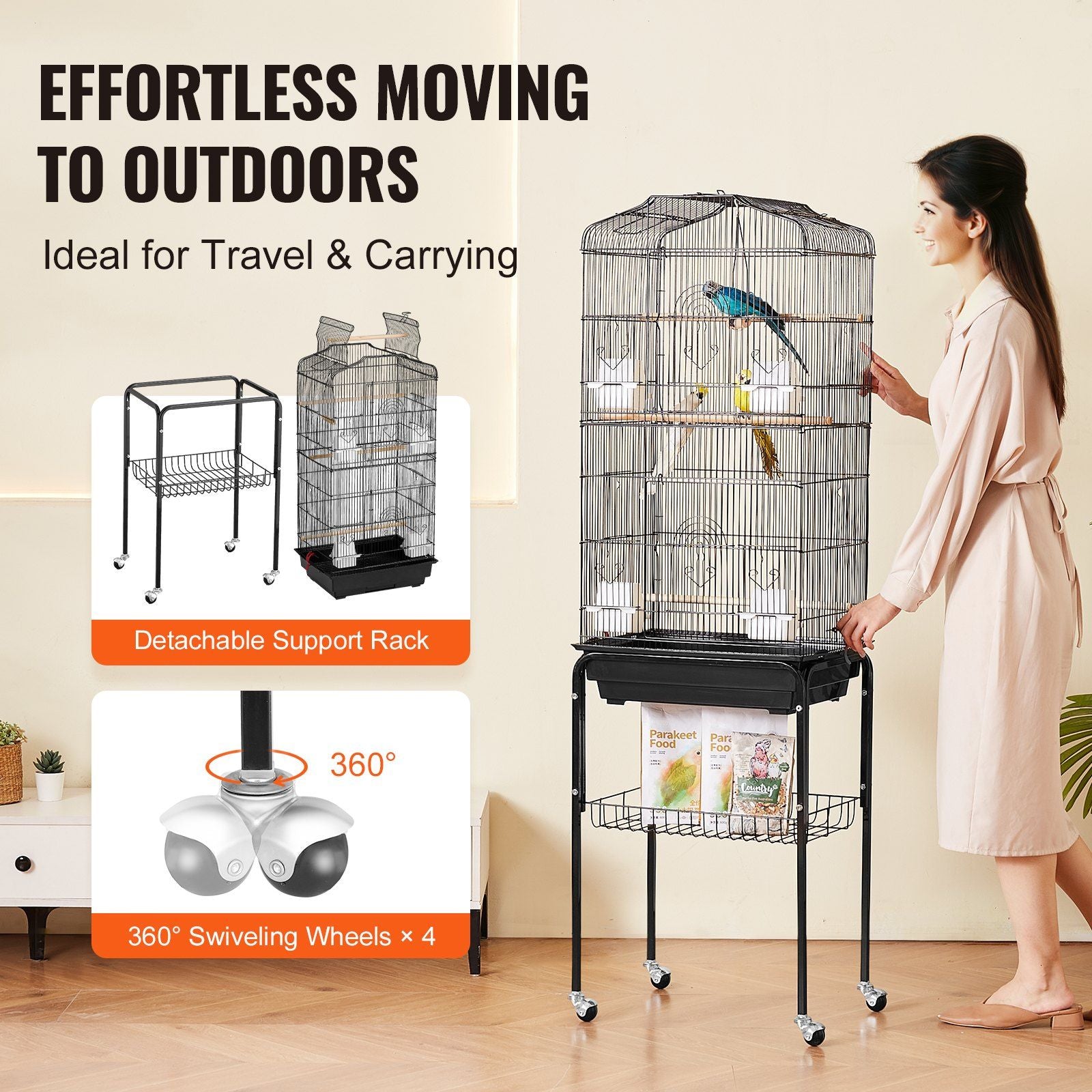 Large Bird Cage, 62 in, Open Top Parakeet Cage with Rolling Stand, Steel Bird Flight Cage with Removable V952-ZMSDXNLL18W1DWI2NV0