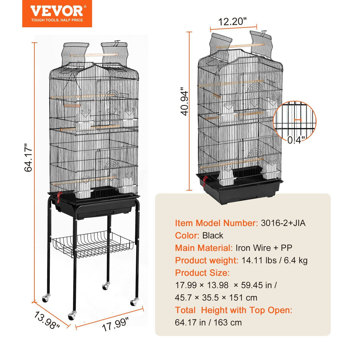 Large Bird Cage, 62 in, Open Top Parakeet Cage with Rolling Stand, Steel Bird Flight Cage with Removable V952-ZMSDXNLL18W1DWI2NV0