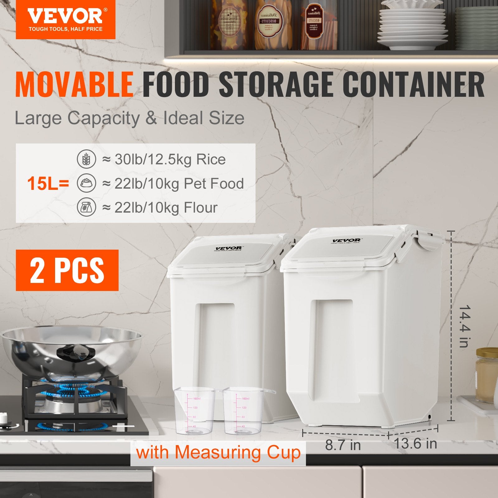Ingredient Storage Bin, 2 x 15L Dispenser Bin with 2 Measuring Cups, Attachable Casters and Airtight Lid, 2 V952-ZMXMX215L2CHMATLFV0