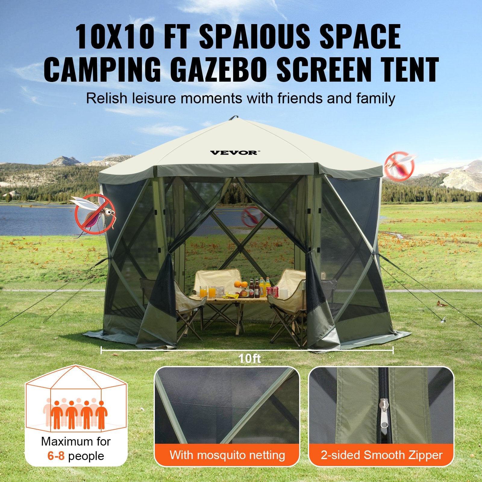 Pop Up Gazebo Tent, Pop-Up Screen Tent 6 Sided Canopy Sun Shelter with 6 Removable Privacy Wind Cloths & Mesh V952-ZPSLTJLS10X1F6ZWMV0