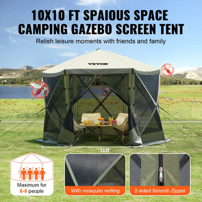 Pop Up Gazebo Tent, Pop-Up Screen Tent 6 Sided Canopy Sun Shelter with 6 Removable Privacy Wind Cloths & Mesh V952-ZPSLTJLS10X1F6ZWMV0