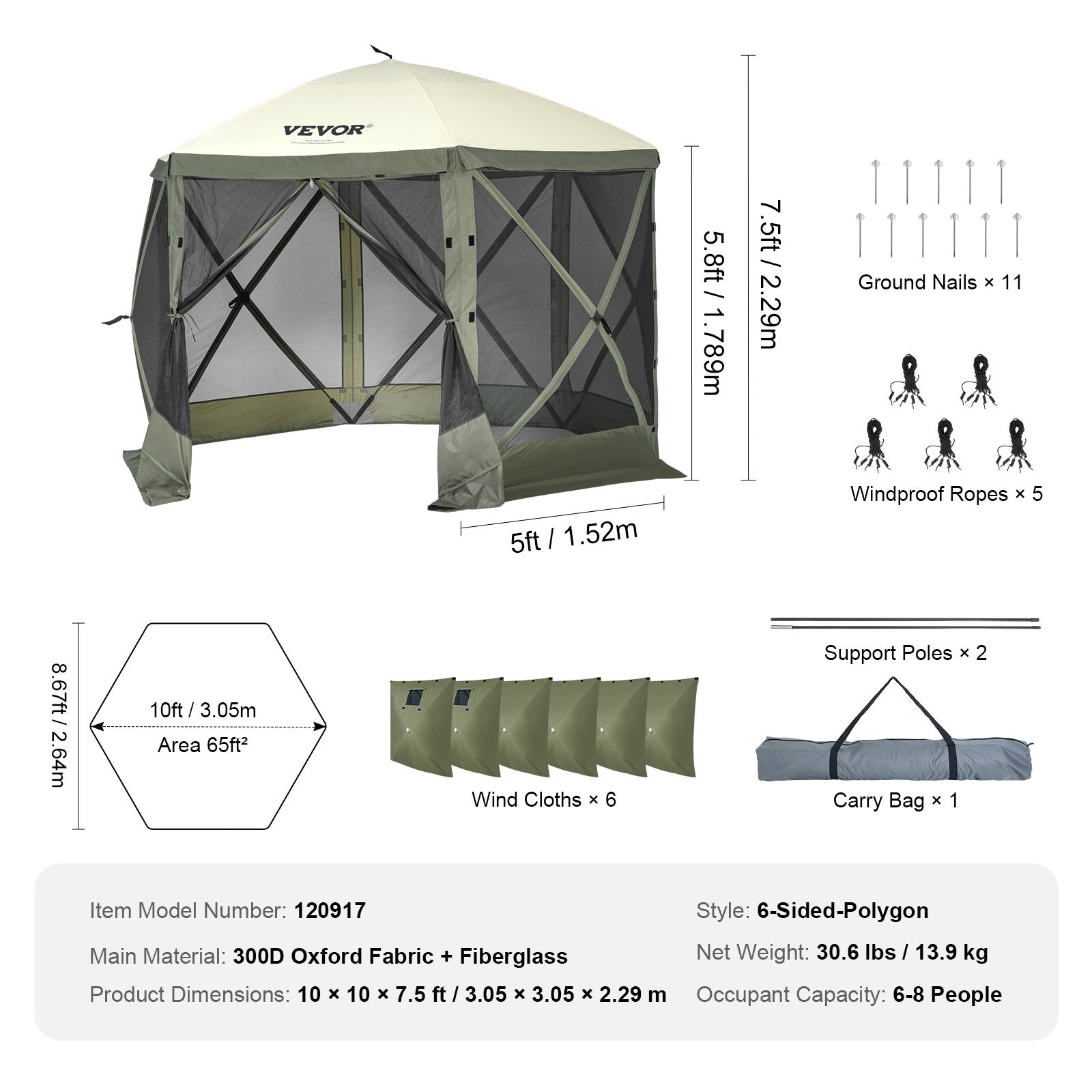 Pop Up Gazebo Tent, Pop-Up Screen Tent 6 Sided Canopy Sun Shelter with 6 Removable Privacy Wind Cloths & Mesh V952-ZPSLTJLS10X1F6ZWMV0