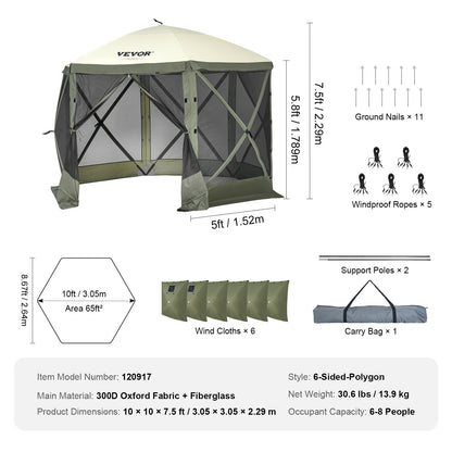 Pop Up Gazebo Tent, Pop-Up Screen Tent 6 Sided Canopy Sun Shelter with 6 Removable Privacy Wind Cloths & Mesh V952-ZPSLTJLS10X1F6ZWMV0