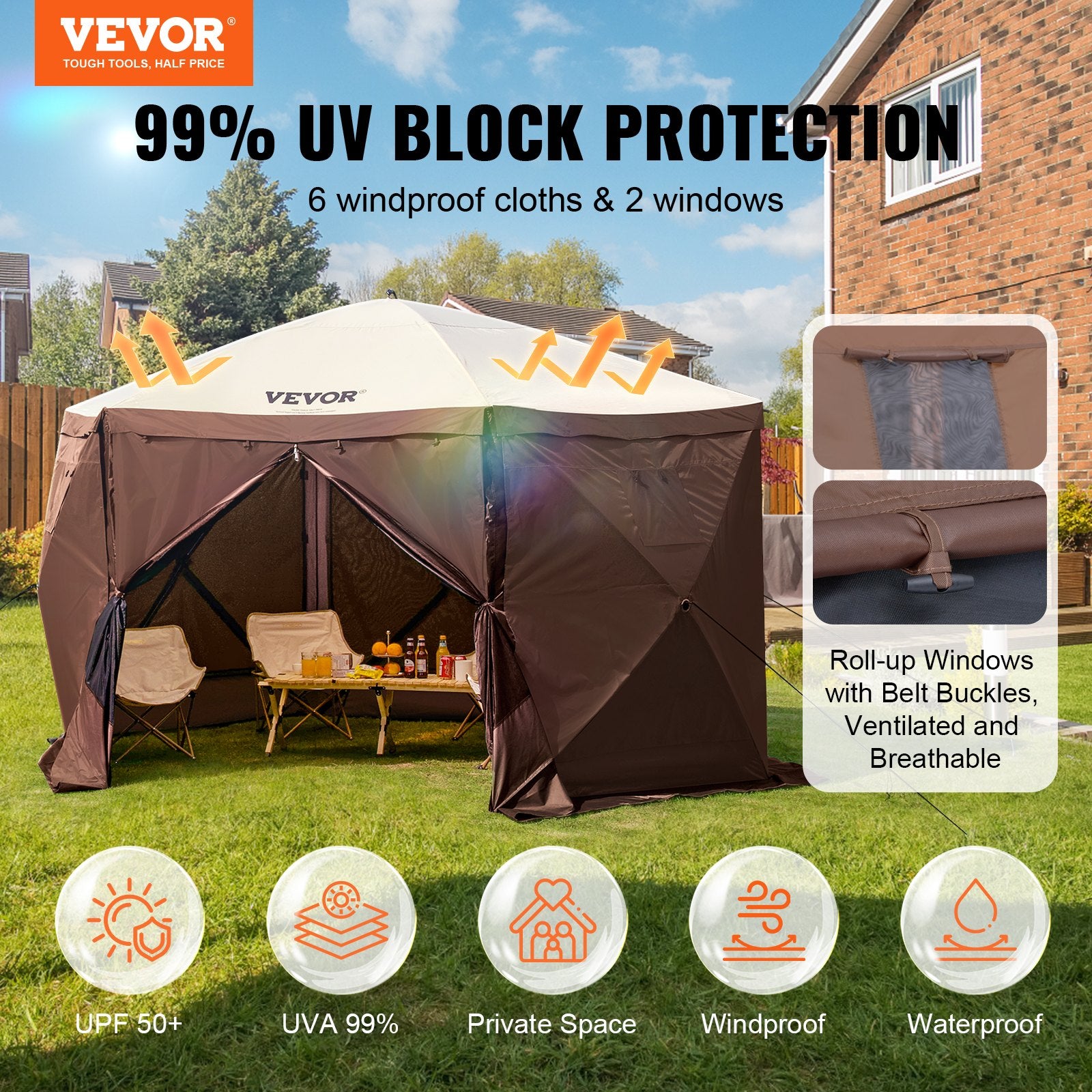 Pop Up Gazebo Tent, Pop-Up Screen Tent 6 Sided Canopy Sun Shelter with 6 Removable Privacy Wind Cloths & Mesh V952-ZPSLTJLS115X602MGV0