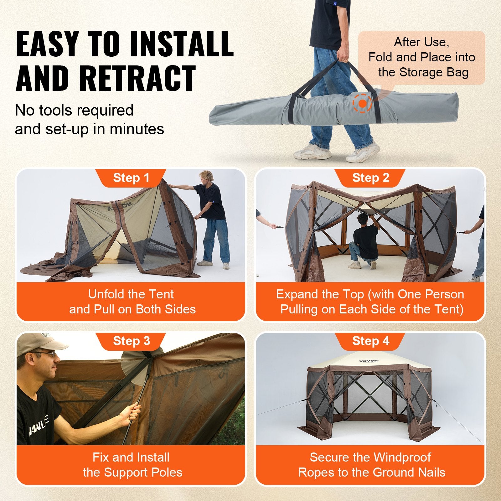 Pop Up Gazebo Tent, Pop-Up Screen Tent 6 Sided Canopy Sun Shelter with 6 Removable Privacy Wind Cloths & Mesh V952-ZPSLTJLS115X602MGV0