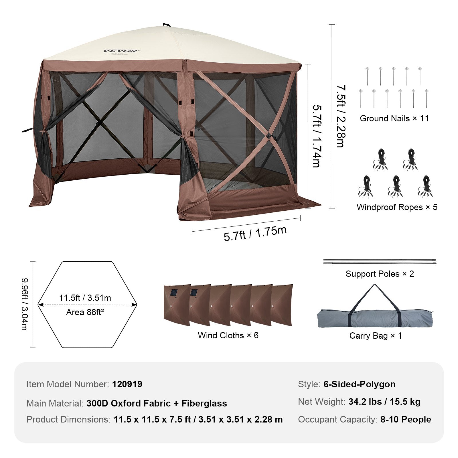 Pop Up Gazebo Tent, Pop-Up Screen Tent 6 Sided Canopy Sun Shelter with 6 Removable Privacy Wind Cloths & Mesh V952-ZPSLTJLS115X602MGV0