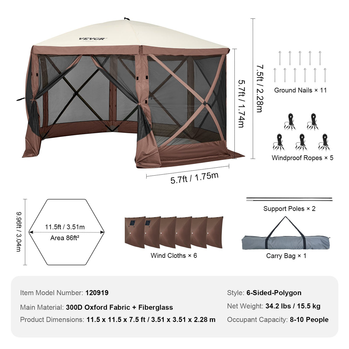 Pop Up Gazebo Tent, Pop-Up Screen Tent 6 Sided Canopy Sun Shelter with 6 Removable Privacy Wind Cloths & Mesh V952-ZPSLTJLS115X602MGV0