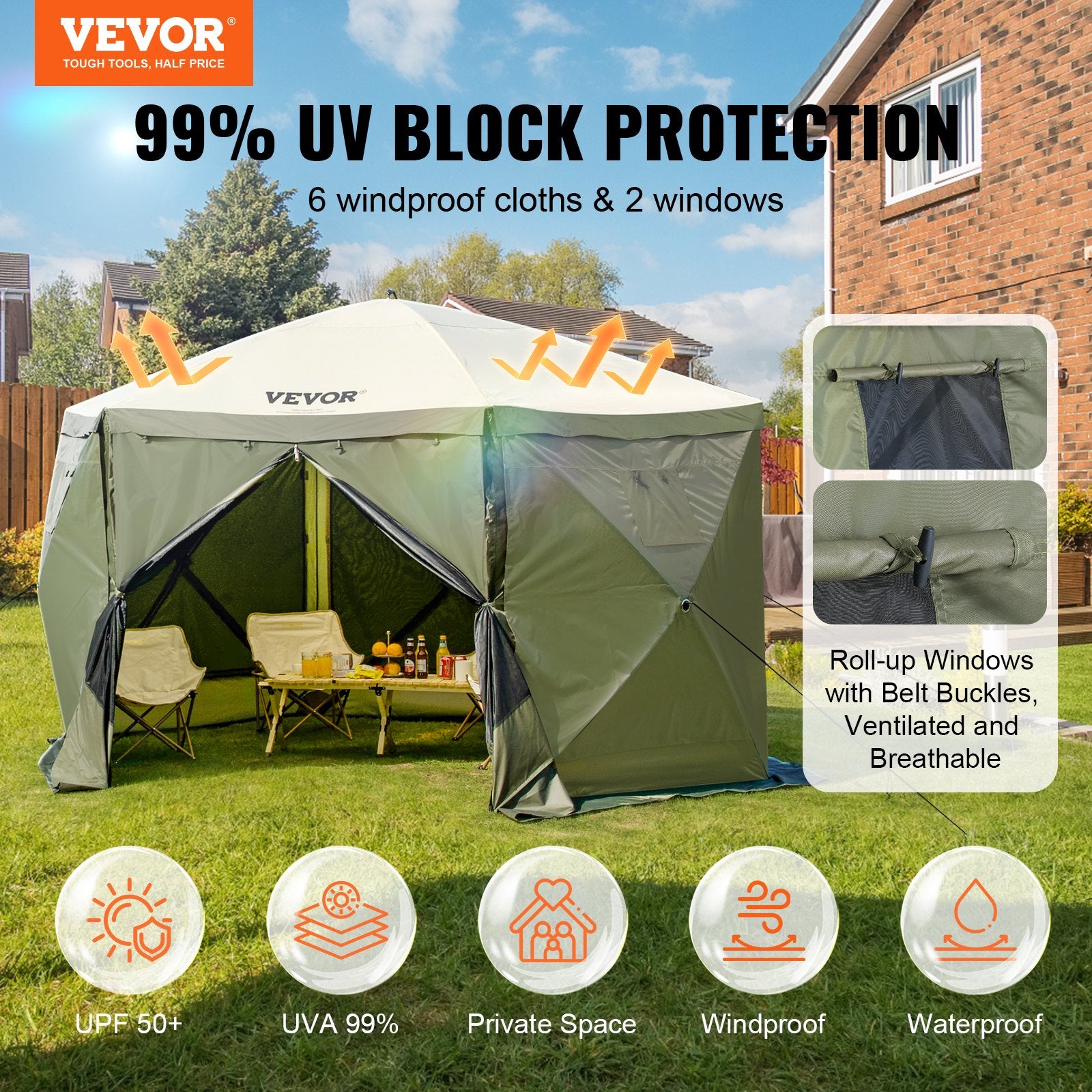Pop Up Gazebo Tent, Pop-Up Screen Tent 6 Sided Canopy Sun Shelter with 6 Removable Privacy Wind Cloths & Mesh V952-ZPSLTJLS12X1117M6V0