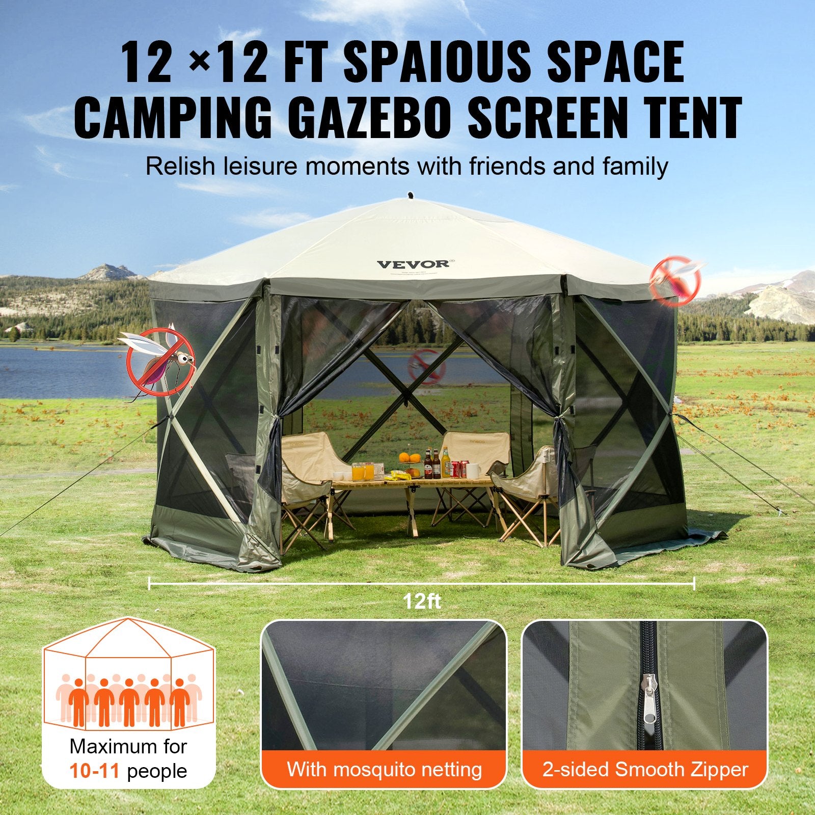 Pop Up Gazebo Tent, Pop-Up Screen Tent 6 Sided Canopy Sun Shelter with 6 Removable Privacy Wind Cloths & Mesh V952-ZPSLTJLS12X1117M6V0