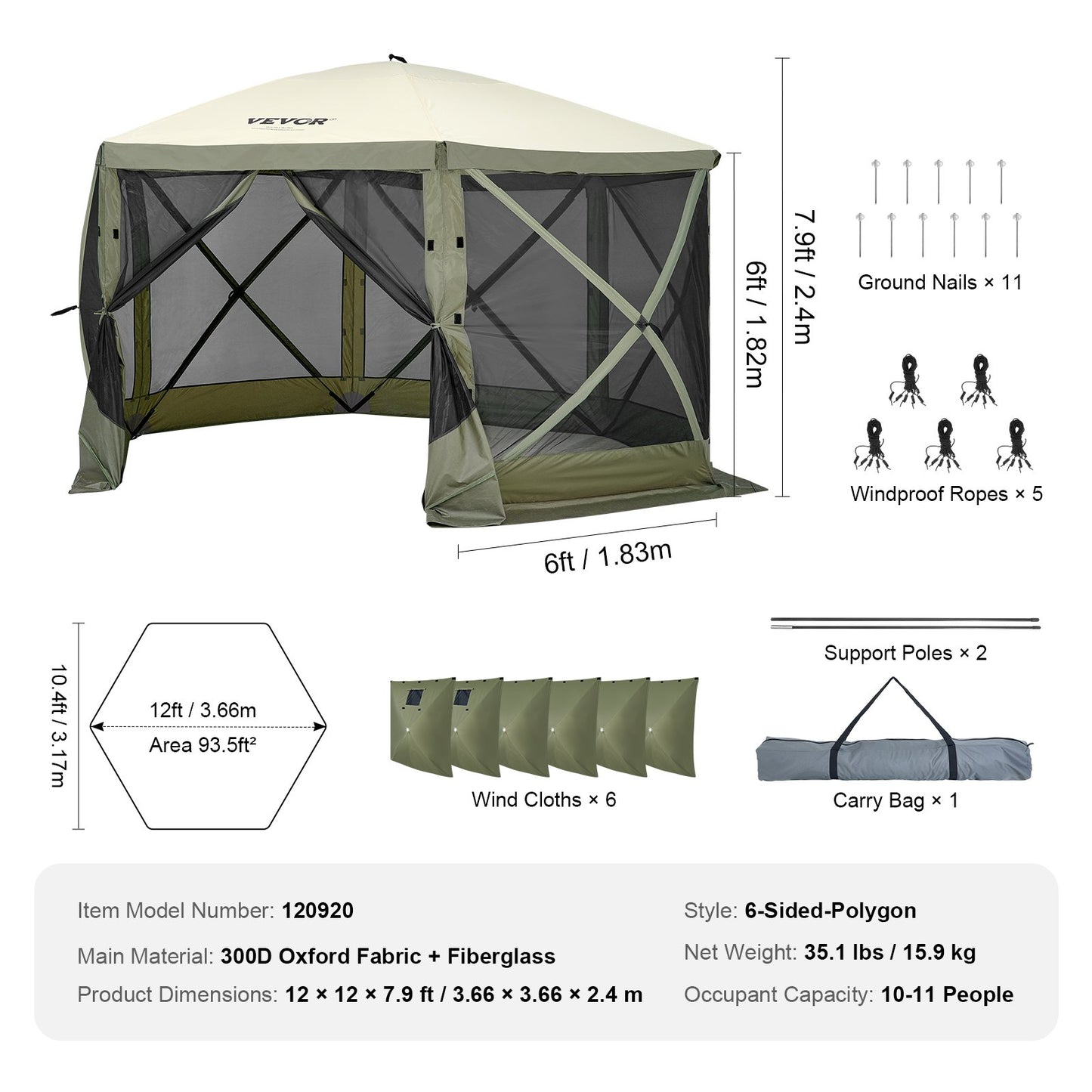 Pop Up Gazebo Tent, Pop-Up Screen Tent 6 Sided Canopy Sun Shelter with 6 Removable Privacy Wind Cloths & Mesh V952-ZPSLTJLS12X1117M6V0