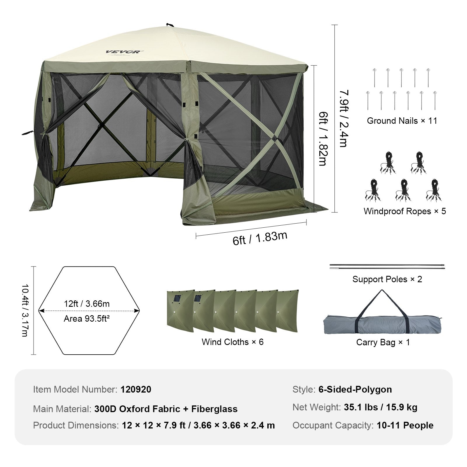 Pop Up Gazebo Tent, Pop-Up Screen Tent 6 Sided Canopy Sun Shelter with 6 Removable Privacy Wind Cloths & Mesh V952-ZPSLTJLS12X1117M6V0