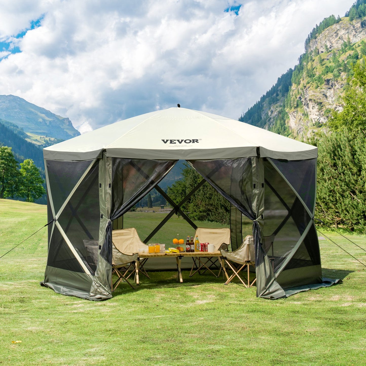 Pop Up Gazebo Tent, Pop-Up Screen Tent 6 Sided Canopy Sun Shelter with 6 Removable Privacy Wind Cloths & Mesh V952-ZPSLTJLS12X1117M6V0
