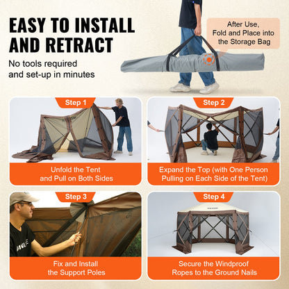 Pop Up Gazebo Tent, Pop-Up Screen Tent 6 Sided Canopy Sun Shelter with 6 Removable Privacy Wind Cloths & Mesh V952-ZPSLTZS125X1X8KS1V0