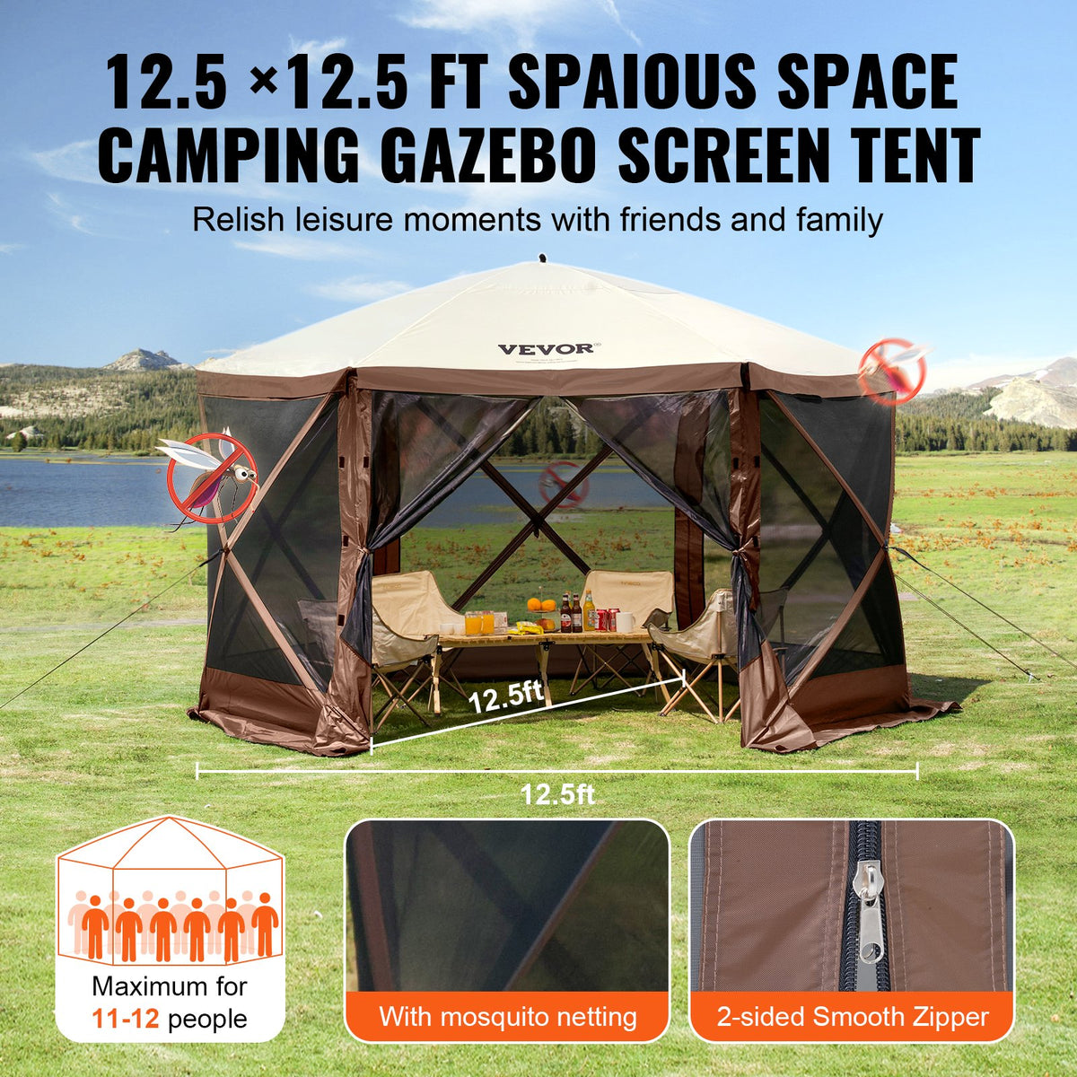 Pop Up Gazebo Tent, Pop-Up Screen Tent 6 Sided Canopy Sun Shelter with 6 Removable Privacy Wind Cloths & Mesh V952-ZPSLTZS125X1X8KS1V0