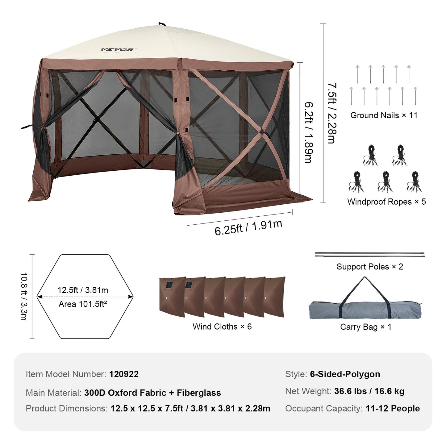 Pop Up Gazebo Tent, Pop-Up Screen Tent 6 Sided Canopy Sun Shelter with 6 Removable Privacy Wind Cloths & Mesh V952-ZPSLTZS125X1X8KS1V0