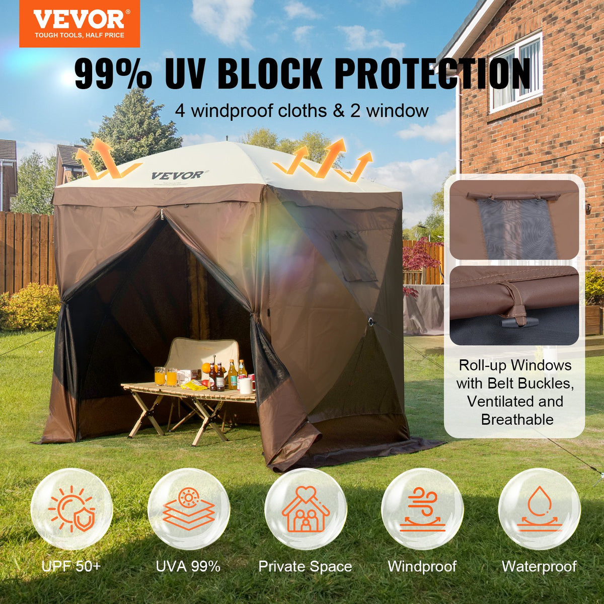 Pop Up Gazebo Tent, Pop-Up Screen Tent 4 Sided Canopy Sun Shelter with 4 Removable Privacy Wind Cloths & Mesh V952-ZPSLTZS6X6FTW9616V0