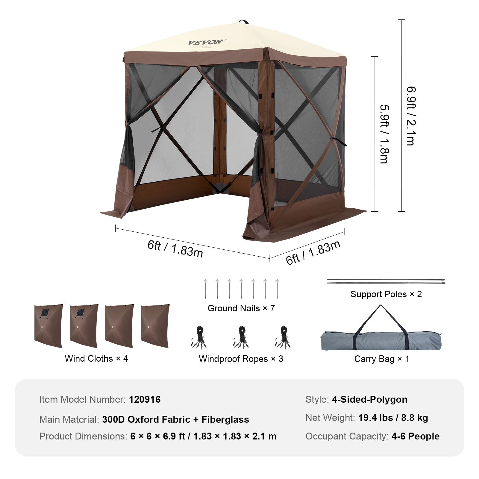 Pop Up Gazebo Tent, Pop-Up Screen Tent 4 Sided Canopy Sun Shelter with 4 Removable Privacy Wind Cloths & Mesh V952-ZPSLTZS6X6FTW9616V0