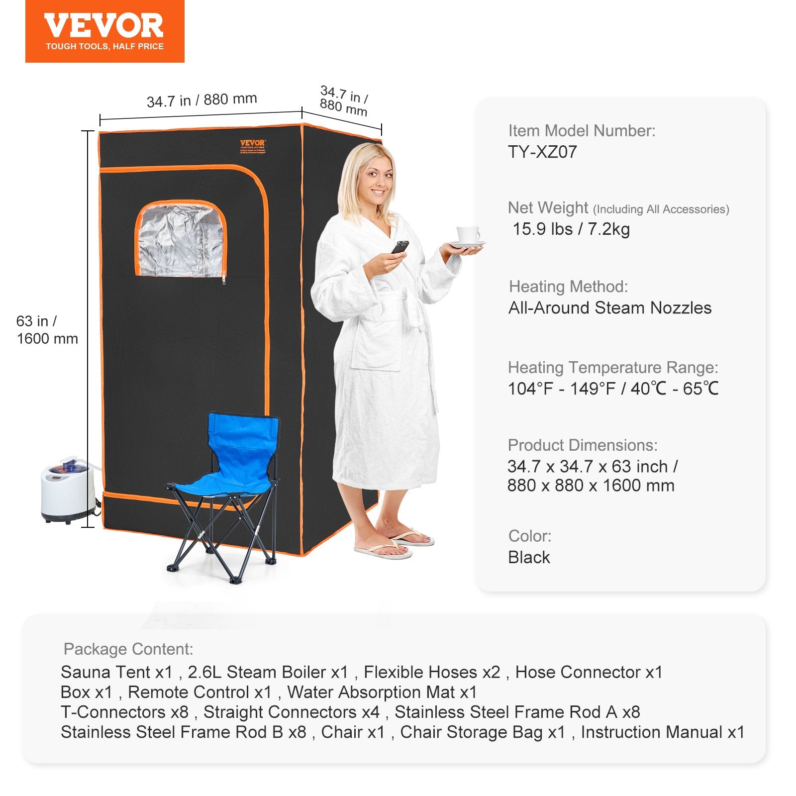 Portable Steam Sauna Tent Full Size 1000W Personal Sauna Blanket W/ Chair, 880 x 880 x 1600 mm V952-ZQBXSSNQCCS14E7Q1V3