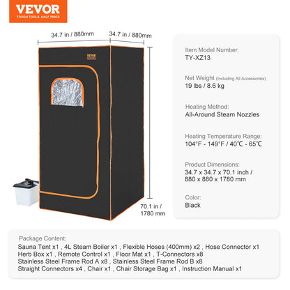 Portable Steam Sauna Tent Full Size 2000W Personal Sauna Blanket W/ Chair,880 x 880 x 1780 mm V952-ZQBXSSNQCCS1TM5YTV3