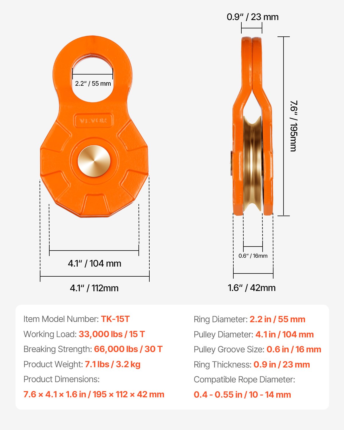 30 T Snatch Block for Winch Recovery, 66,000 lbs Break Strength Pulley System with 0.4" - 0.55" Rope, Heavy V952-ZQHL39600LBSWZ5G0V0