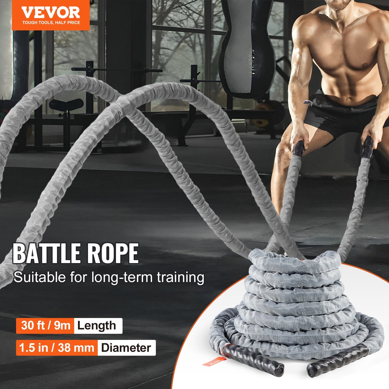 Battle Rope 1.5" 30Ft Gym Workout Strength Training Exercise Fitness Rope V952-ZS30FT15INDBX4FLXV0