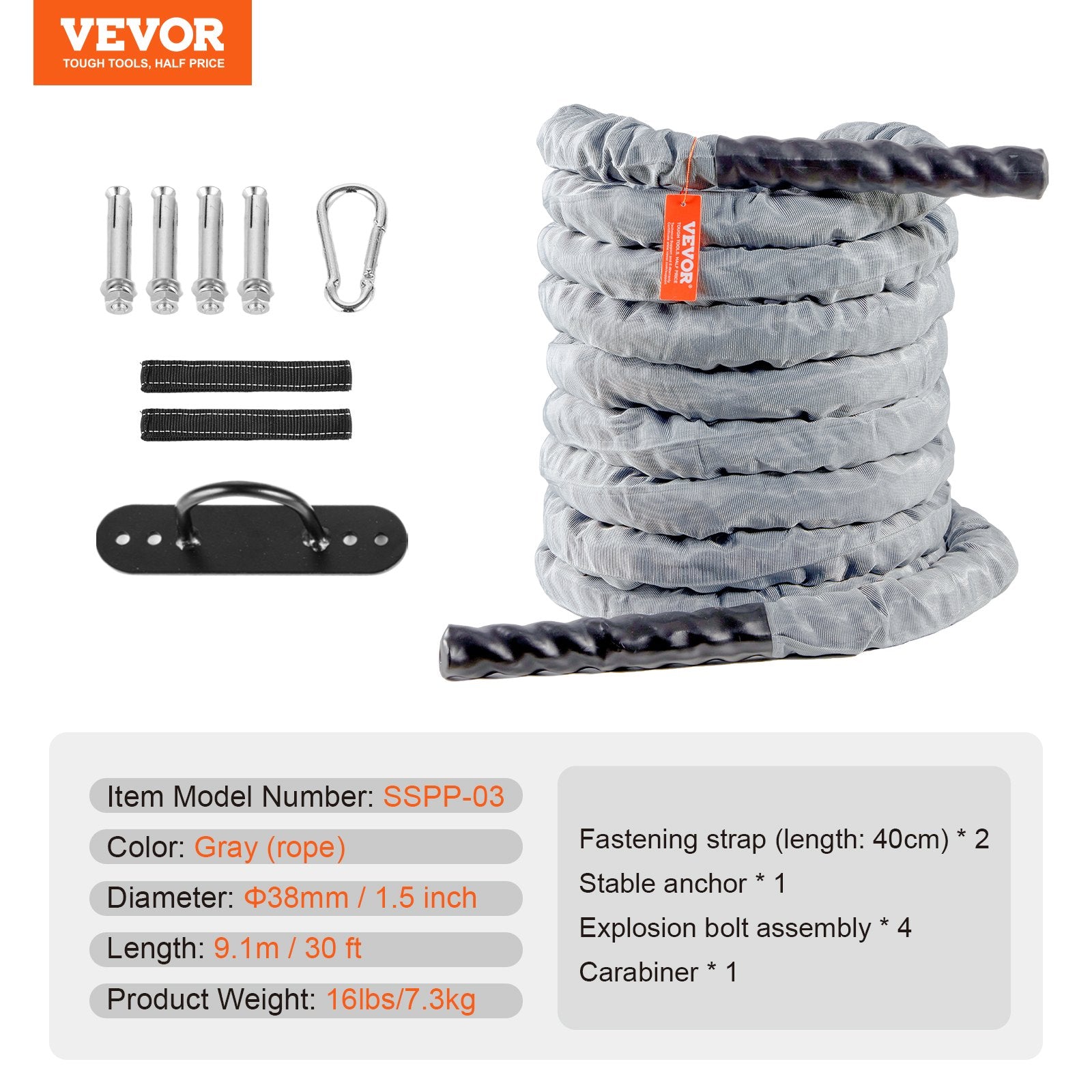 Battle Rope 1.5" 30Ft Gym Workout Strength Training Exercise Fitness Rope V952-ZS30FT15INDBX4FLXV0