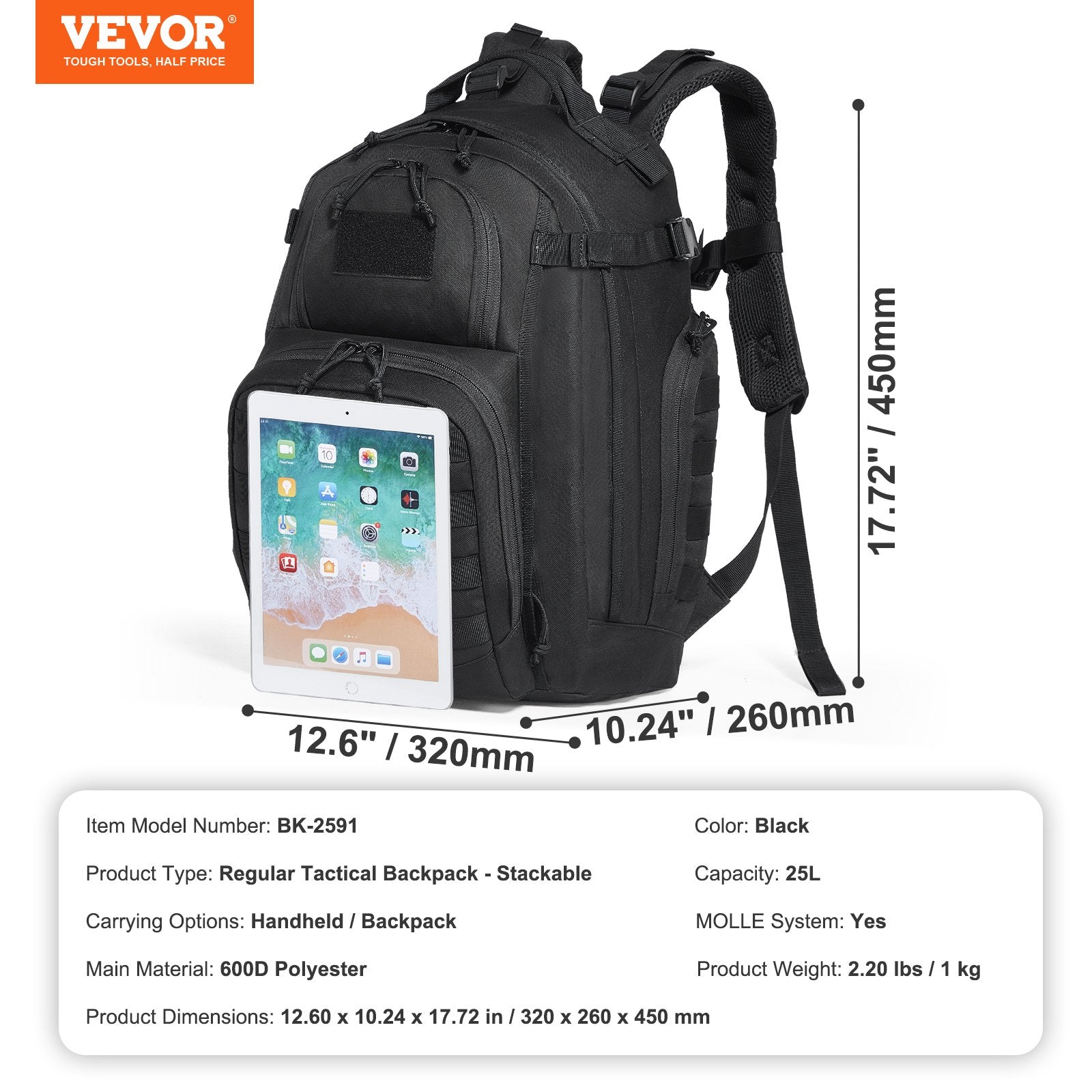 Tactical Backpack 25L Military Backpack with Molle Mode & Sponge Pad Black V952-ZSBBCDSHS25L40I0EV0