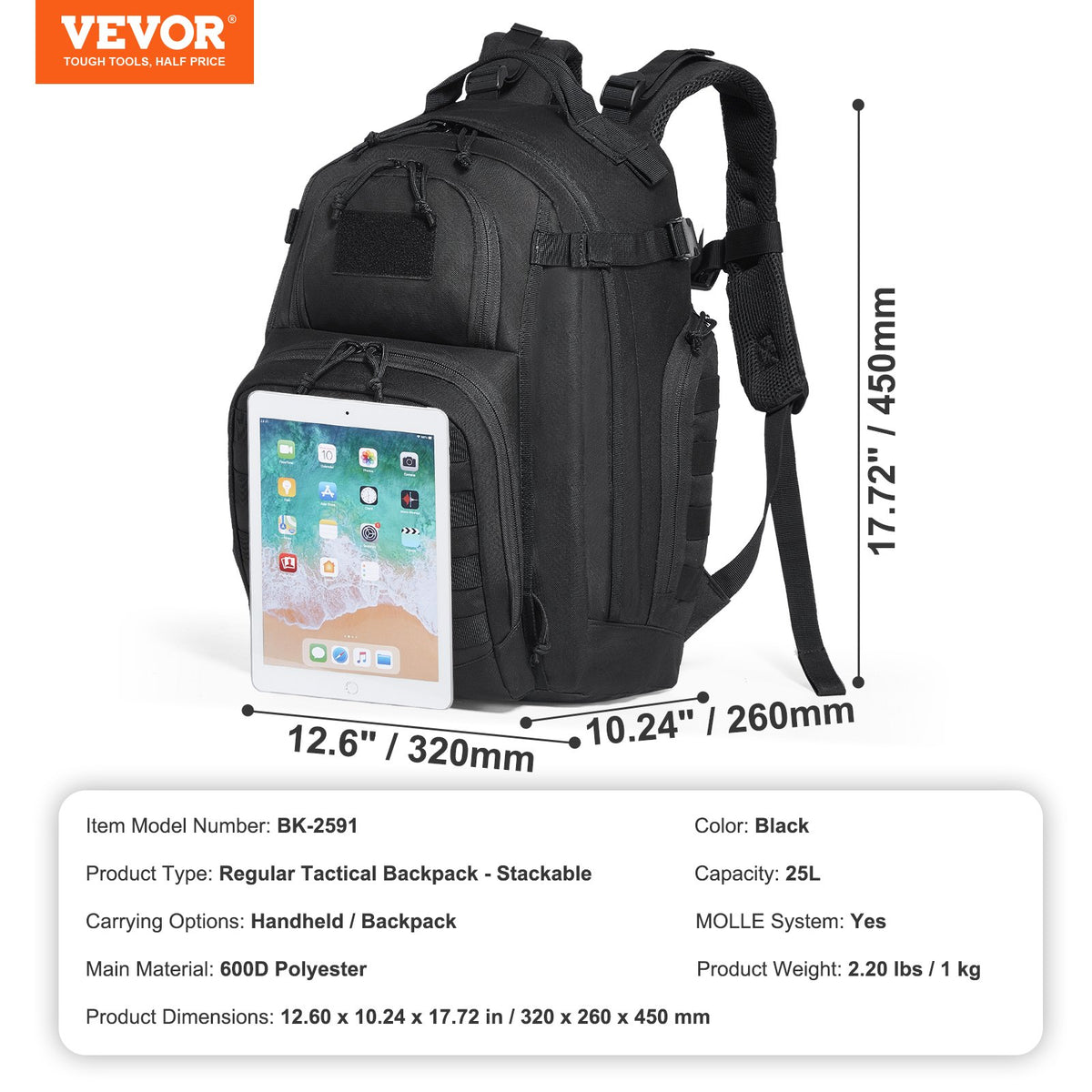 Tactical Backpack 25L Military Backpack with Molle Mode & Sponge Pad Black V952-ZSBBCDSHS25L40I0EV0
