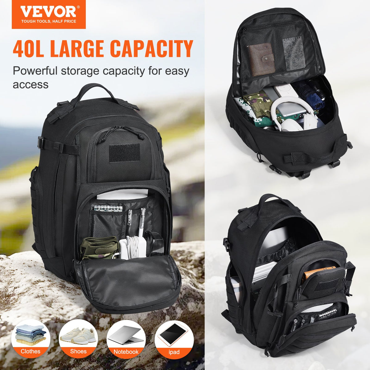 Tactical Backpack 40L Military Backpack with Molle Mode & Sponge Pad Black V952-ZSBBCDSHS40LC7V25V0
