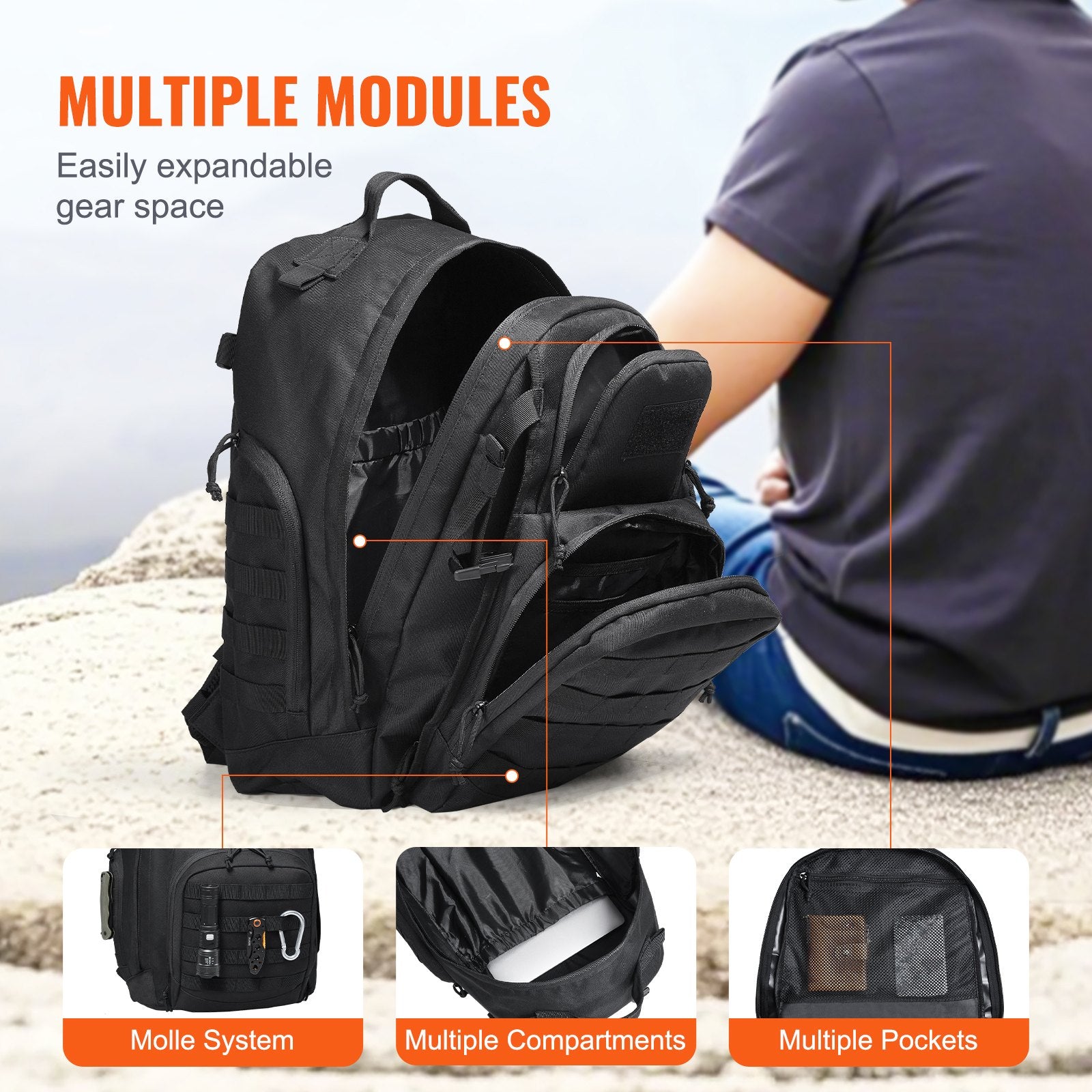 Tactical Backpack 40L Military Backpack with Molle Mode & Sponge Pad Black V952-ZSBBCDSHS40LC7V25V0