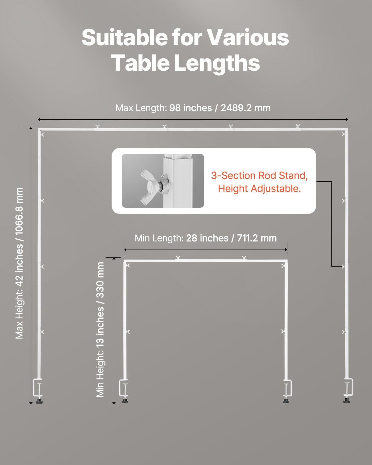Over The Table Rod Stand with Clamps, 13"-42'' Tall & 28"-98" Length Adjustable, Metal Table Arch Stand, V952-ZSGJ1JBSBDTTIQB9L001V0