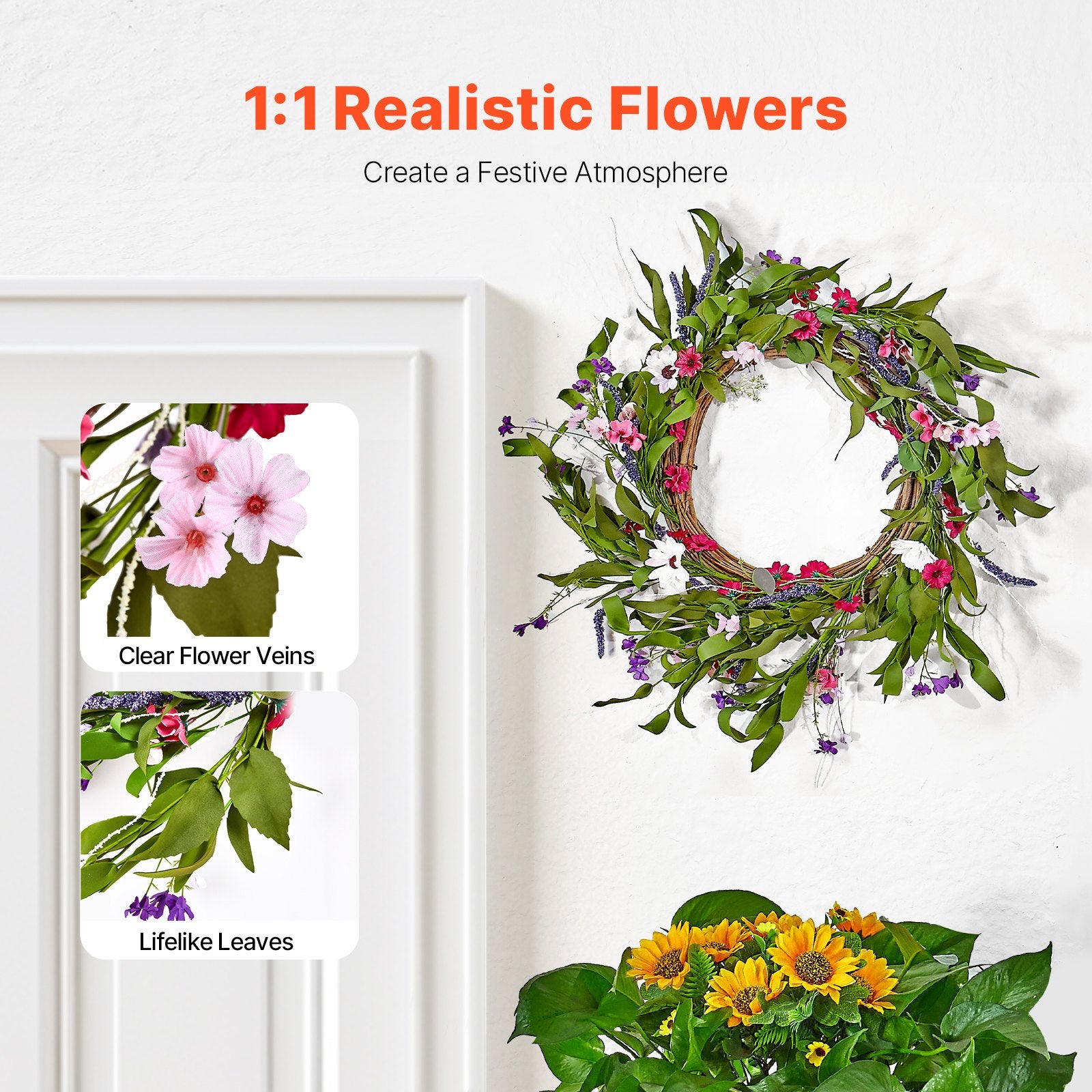 Artificial Decorative Wreath 55.88 cm Pink Green with Daisies Year Round V952-ZSHH22INCHCJY8KMFV0