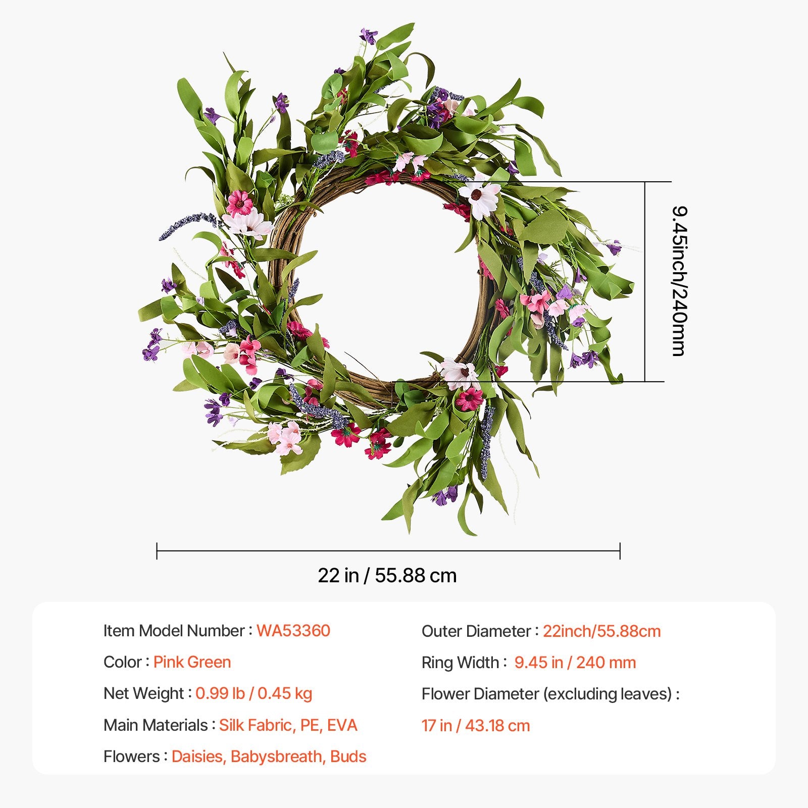 Artificial Decorative Wreath 55.88 cm Pink Green with Daisies Year Round V952-ZSHH22INCHCJY8KMFV0