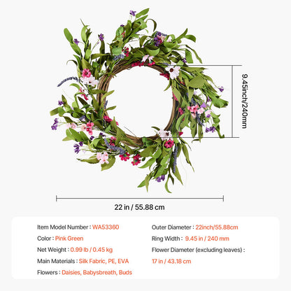 Artificial Decorative Wreath 55.88 cm Pink Green with Daisies Year Round V952-ZSHH22INCHCJY8KMFV0