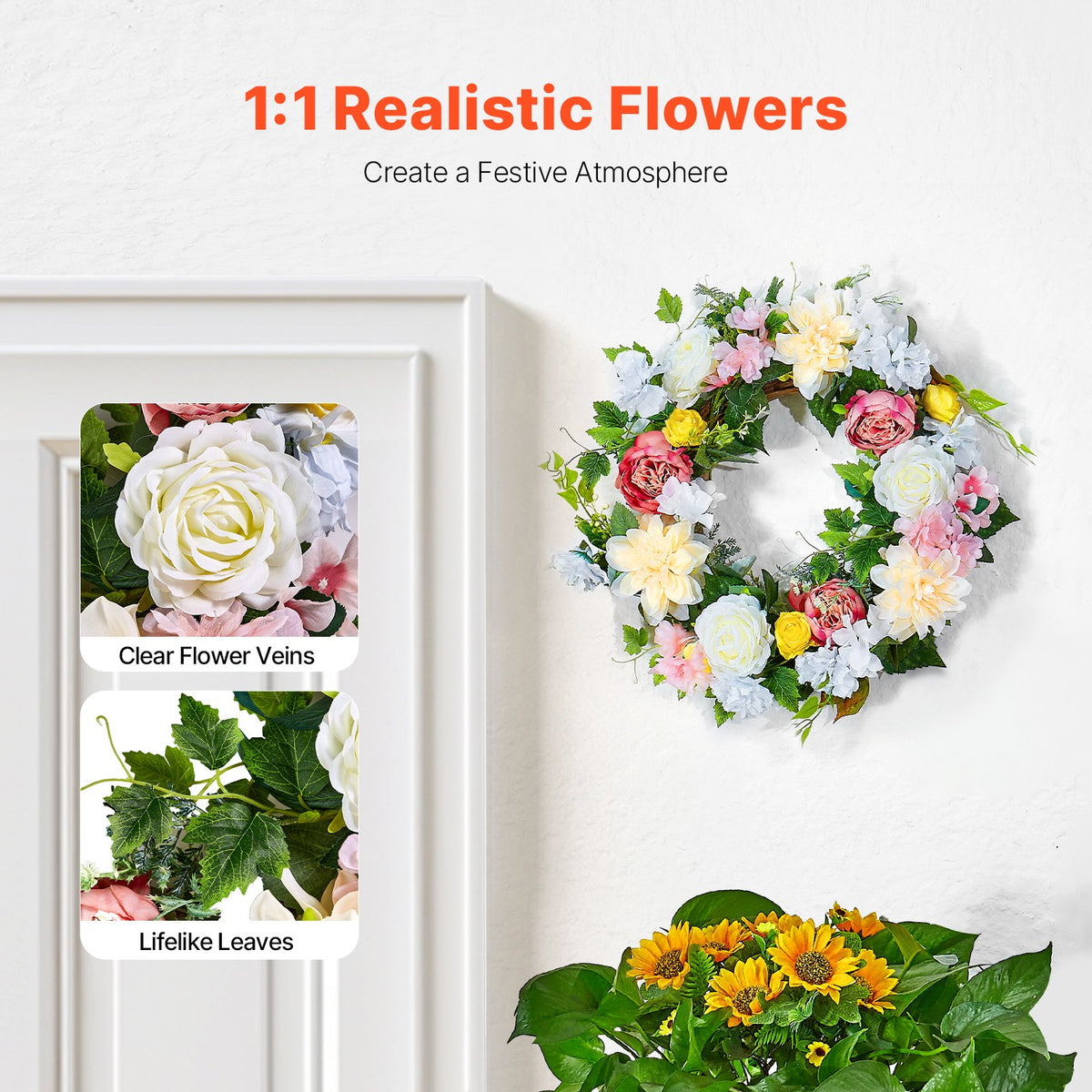 Artificial Decorative Wreath 60.96 cm White Pink Yellow Peonies Hydrangeas V952-ZSHHXQHHCH24ZKJWVV0