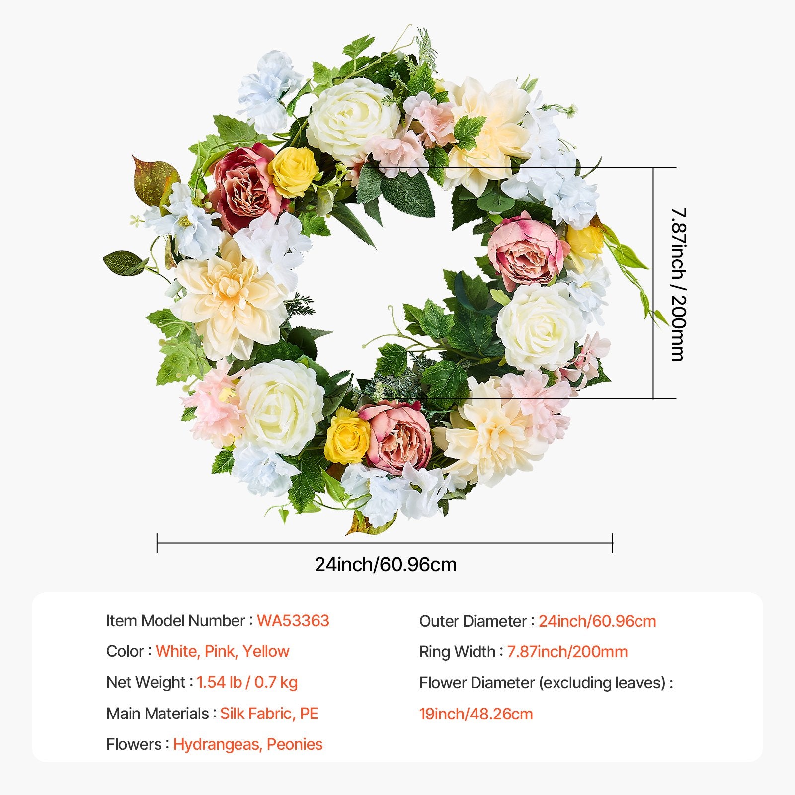Artificial Decorative Wreath 60.96 cm White Pink Yellow Peonies Hydrangeas V952-ZSHHXQHHCH24ZKJWVV0