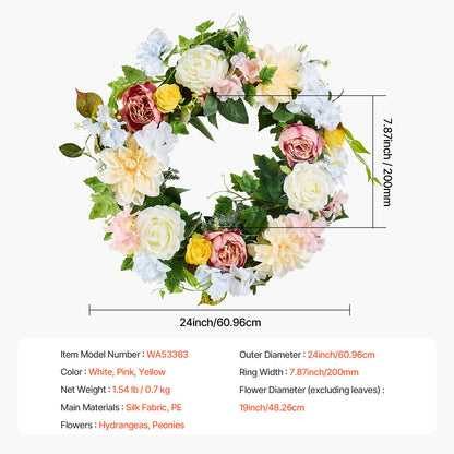 Artificial Decorative Wreath 60.96 cm White Pink Yellow Peonies Hydrangeas V952-ZSHHXQHHCH24ZKJWVV0