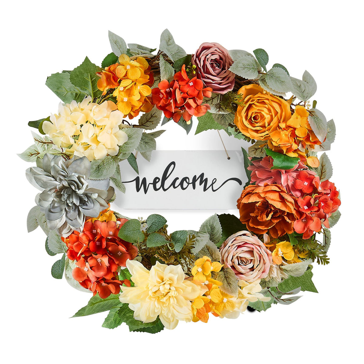 Artificial Decorative Wreath 60.96 cm Red Orange Yellow Hydrangeas Roses V952-ZSHHXQHMPHCH0I3Y1V0