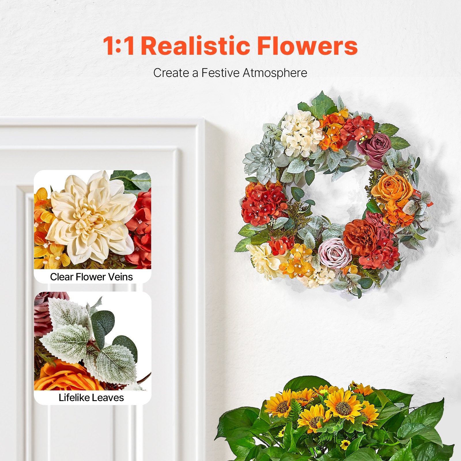 Artificial Decorative Wreath 60.96 cm Red Orange Yellow Hydrangeas Roses V952-ZSHHXQHMPHCH0I3Y1V0