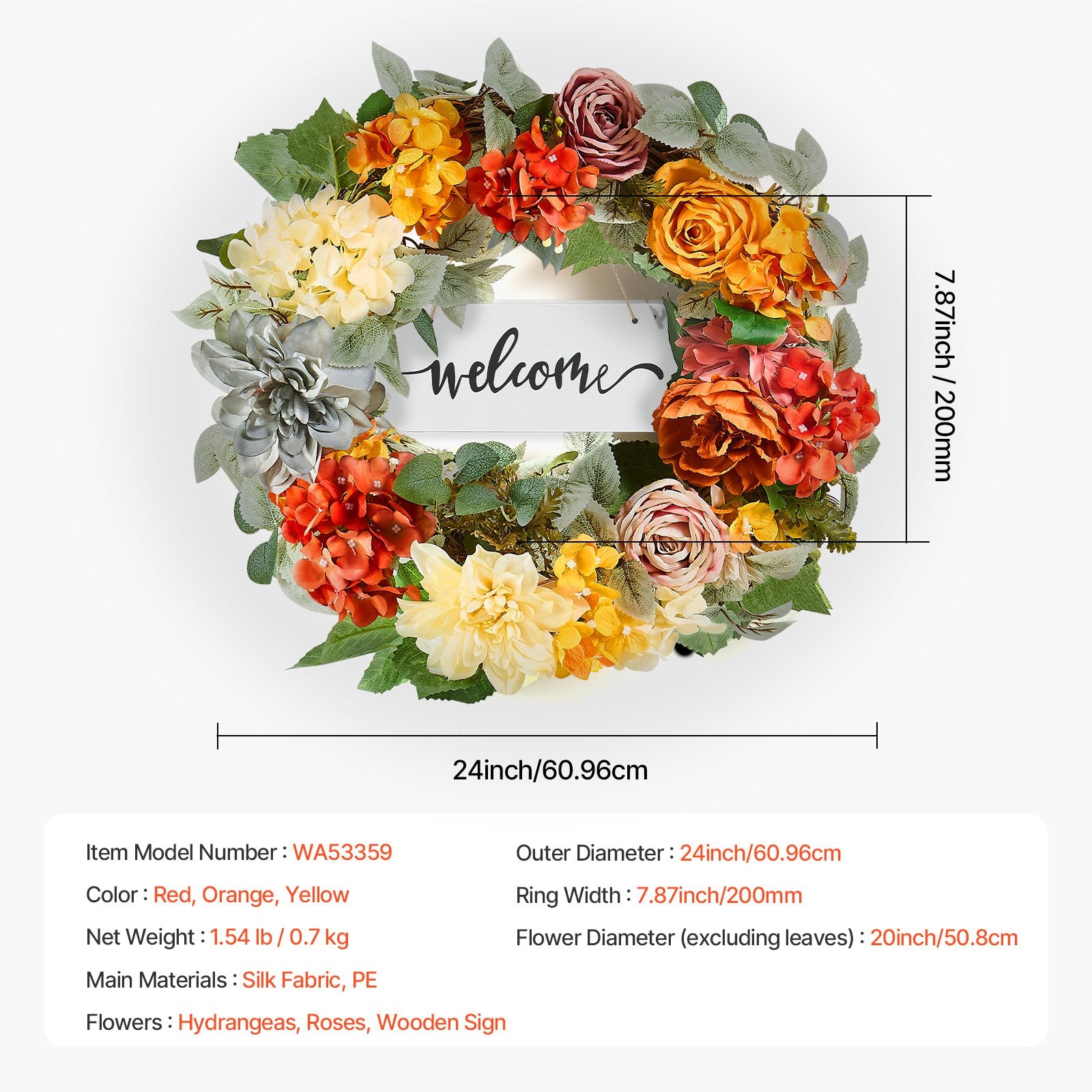 Artificial Decorative Wreath 60.96 cm Red Orange Yellow Hydrangeas Roses V952-ZSHHXQHMPHCH0I3Y1V0