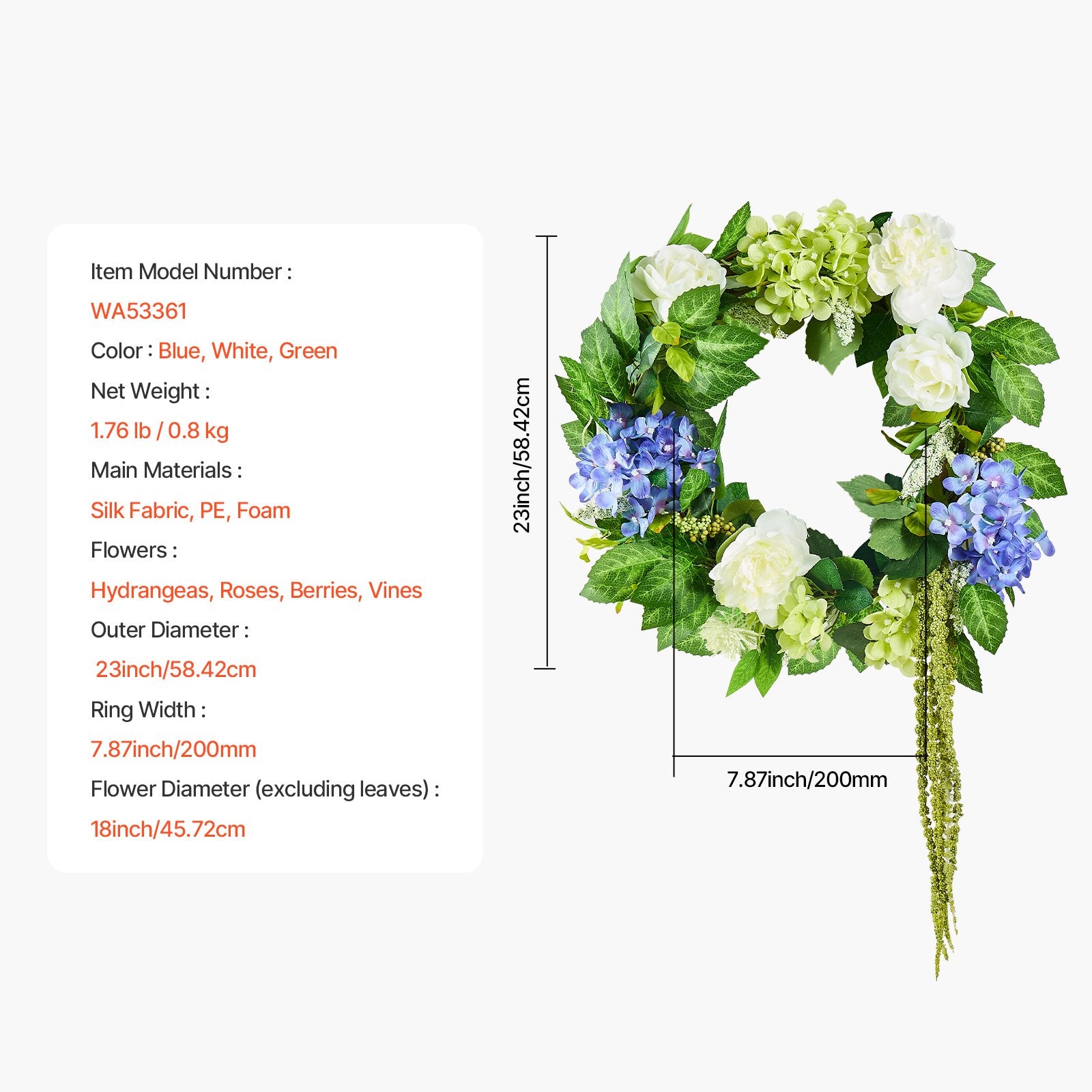 Artificial Decorative Wreath 58.42 cm Blue White Green Hydrangeas Roses V952-ZSHHXQHTMLBL4G2OKV0