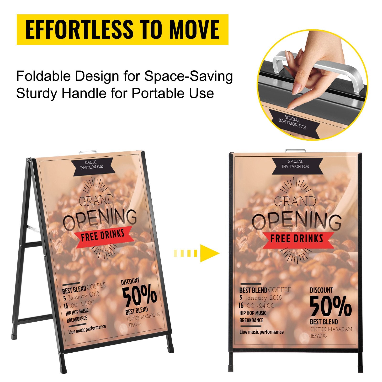 A-Frame Sidewalk Sign 24"x36" Sidewalk Signs for Businesses Black Coated Steel Metal A-Frame Sign Slide-in V952-ZSJCRSTHBJ2436YC1V0