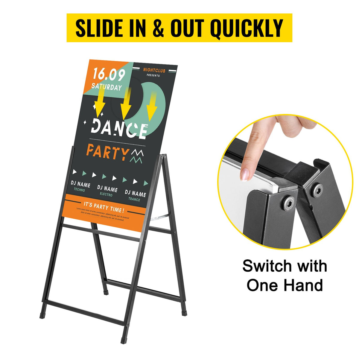 A-Frame Sidewalk Sign 24"x36" Sidewalk Signs for Businesses Black Coated Steel Metal A-Frame Sign Slide-in V952-ZSJCRSTHBJ2436YC1V0