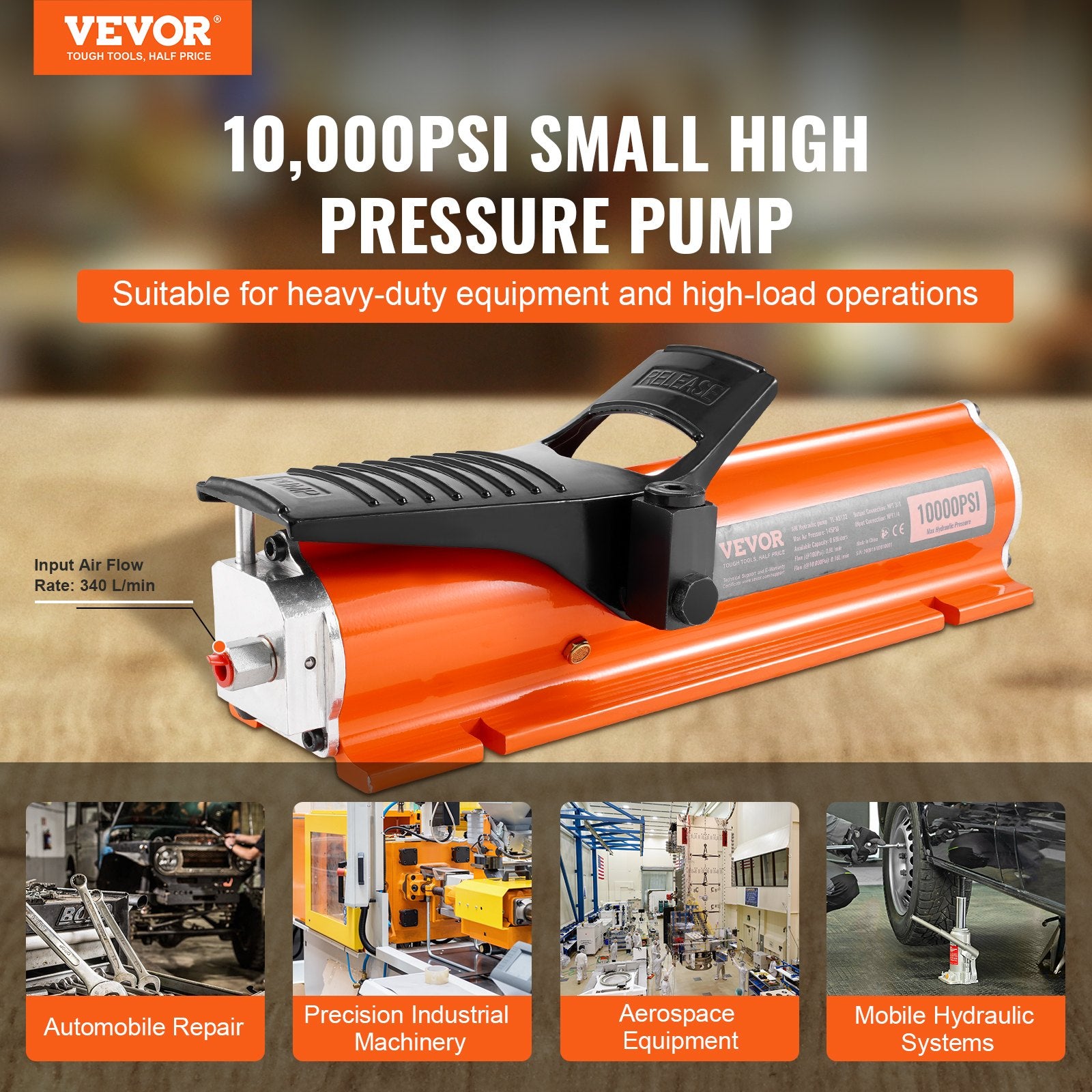 10,000PSI Air Hydraulic Pump, 0.18 Gal Reservoir, NPT 3/8 In Oil Outlet, NPT 1/4 In Inlet, Metal Shell Air V952-ZSKQBCS069LWX06MWV0