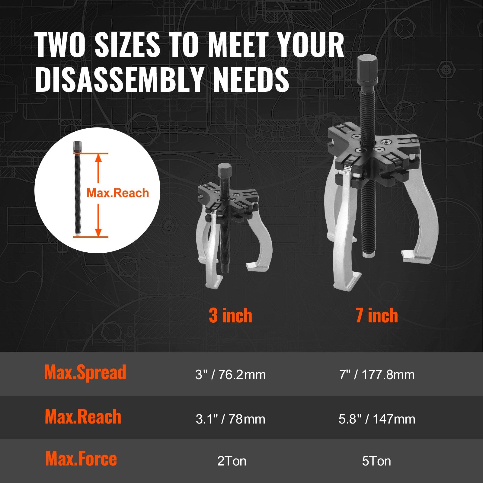 Gear Puller Set, 3" and 7" Puller Kit, 3 Jaw Gear Bearing Flywheel Pulley Removal Tool, 2 or 3 Reversible V952-ZSLMJ237INCH3C9JFV0